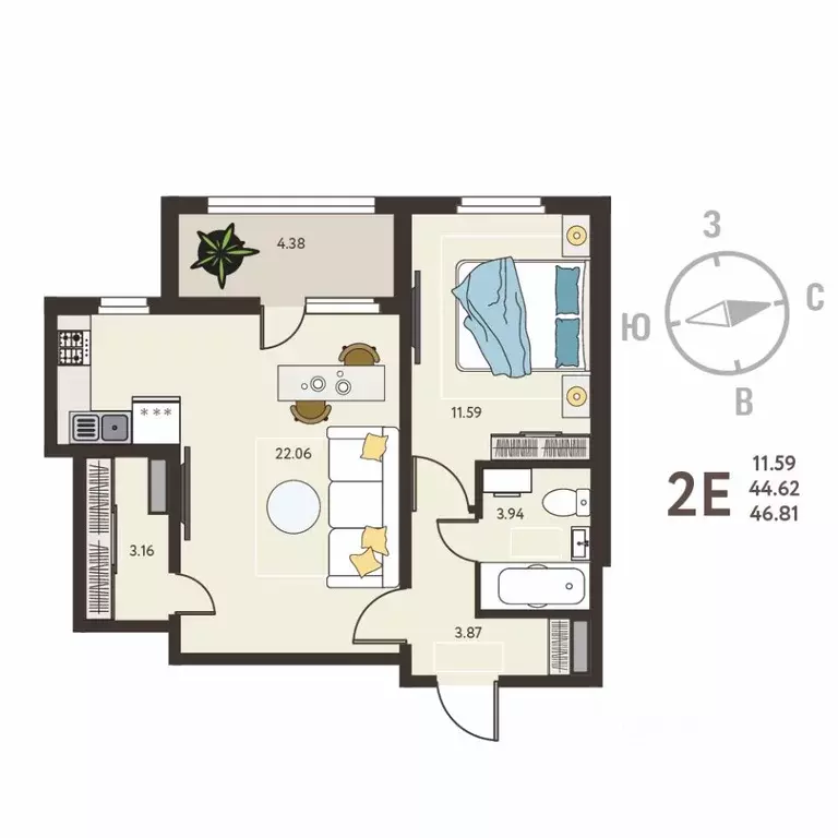 1-к кв. Воронежская область, с. Новая Усмань, Ольха мкр  (46.81 м) - Фото 1