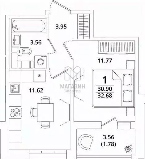 Квартира, 1 комната, 32.68 м - Фото 0