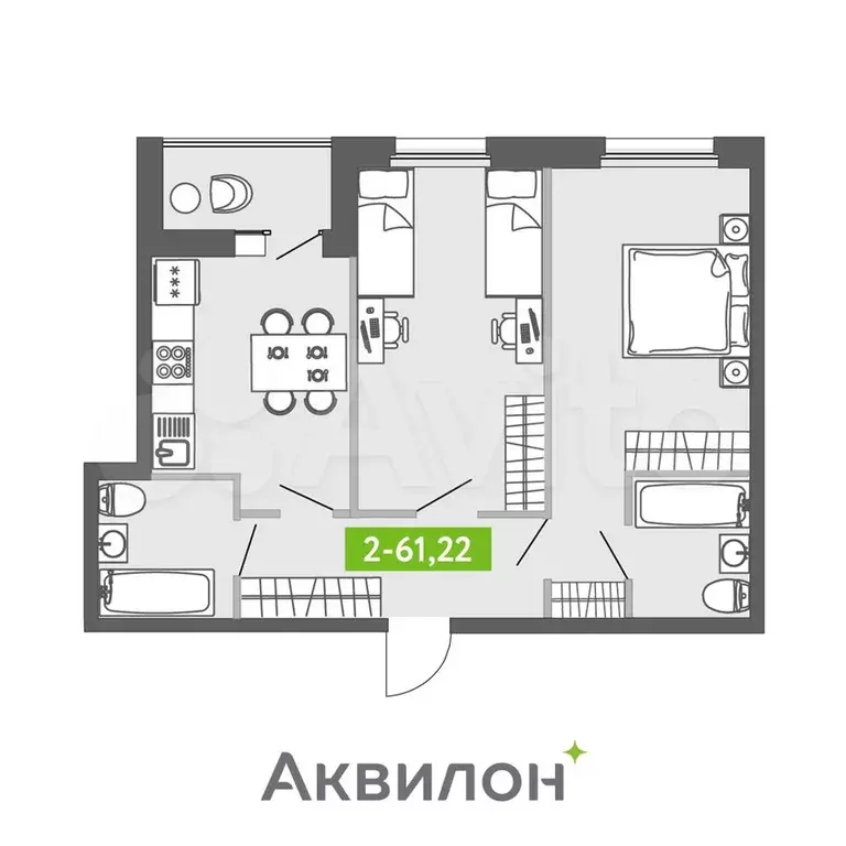 2-к. квартира, 60,4 м, 1/13 эт. - Фото 1