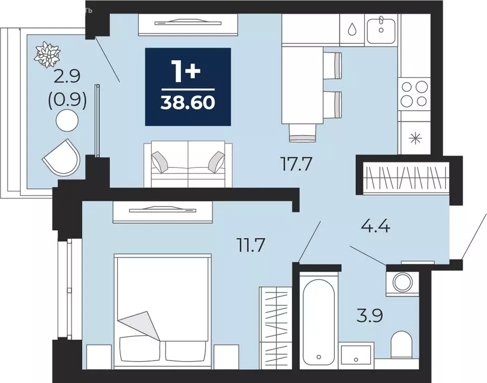 1-комнатная квартира: Тюмень, проезд Капитана Куликова, 7 (40.6 м) - Фото 1