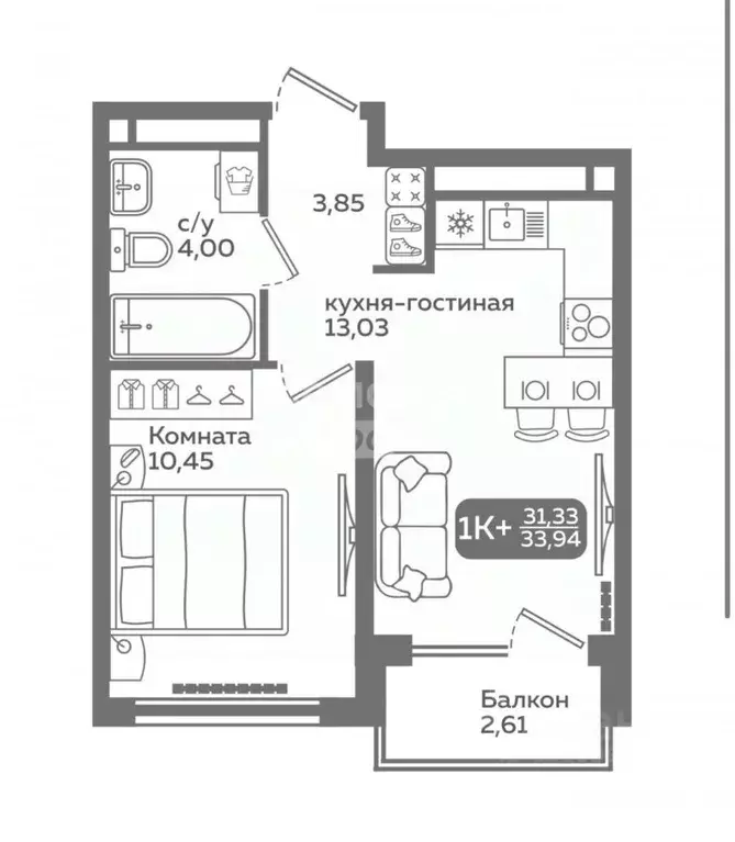 1-к кв. Тюменская область, Тюмень ул. Вадима Бованенко, 10 (31.3 м) - Фото 2