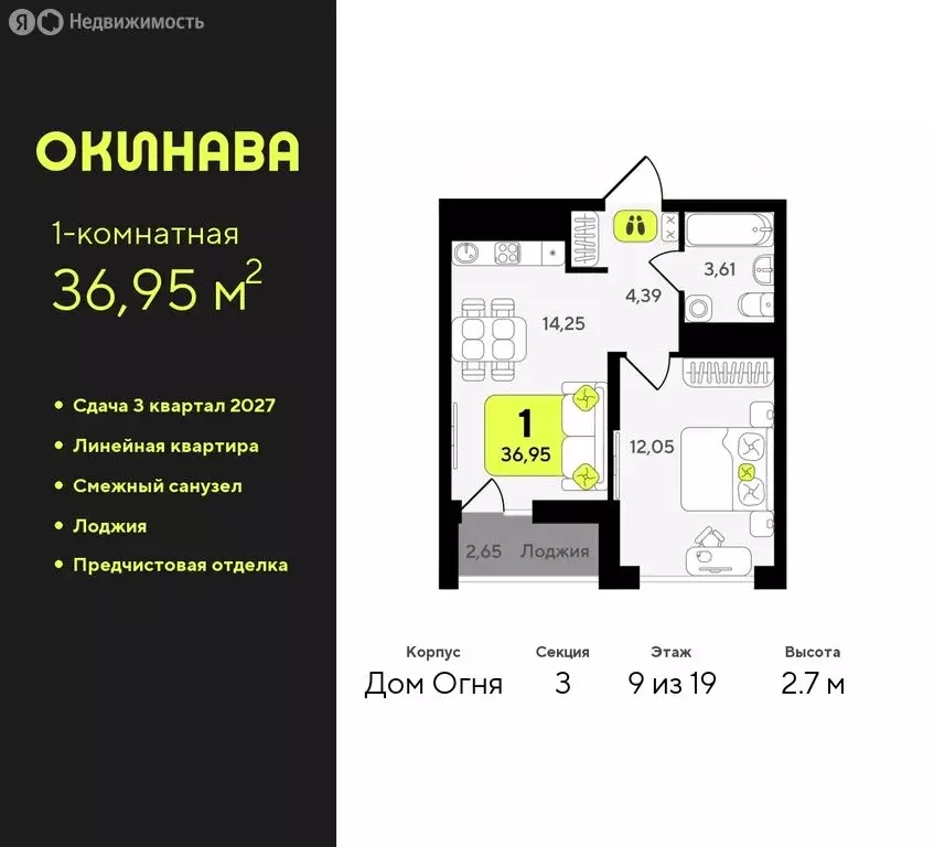 1-комнатная квартира: Тюмень, жилой комплекс Окинава (36.95 м) - Фото 0