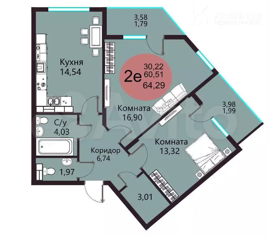 2-к. квартира, 64,3 м, 8/22 эт. - Фото 0