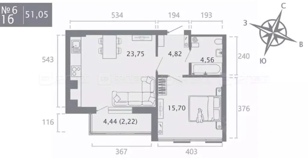 1-к кв. Татарстан, Казань ул. Касаткина, 23 (49.6 м) - Фото 2