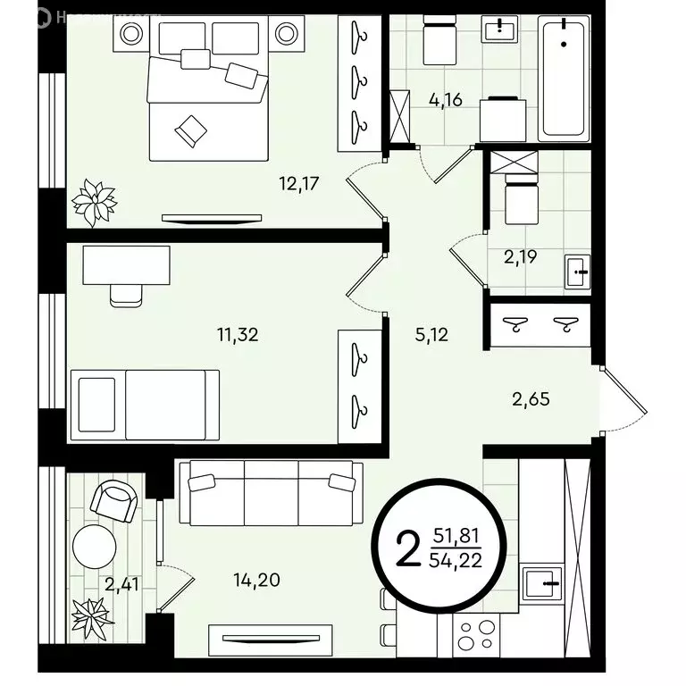 2-комнатная квартира: Тюмень, улица Александра Звягина, 6 (54.22 м) - Фото 0