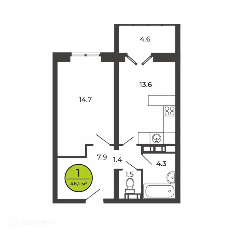 Продаётся 1-к квартира, 46.1 м - Фото 1