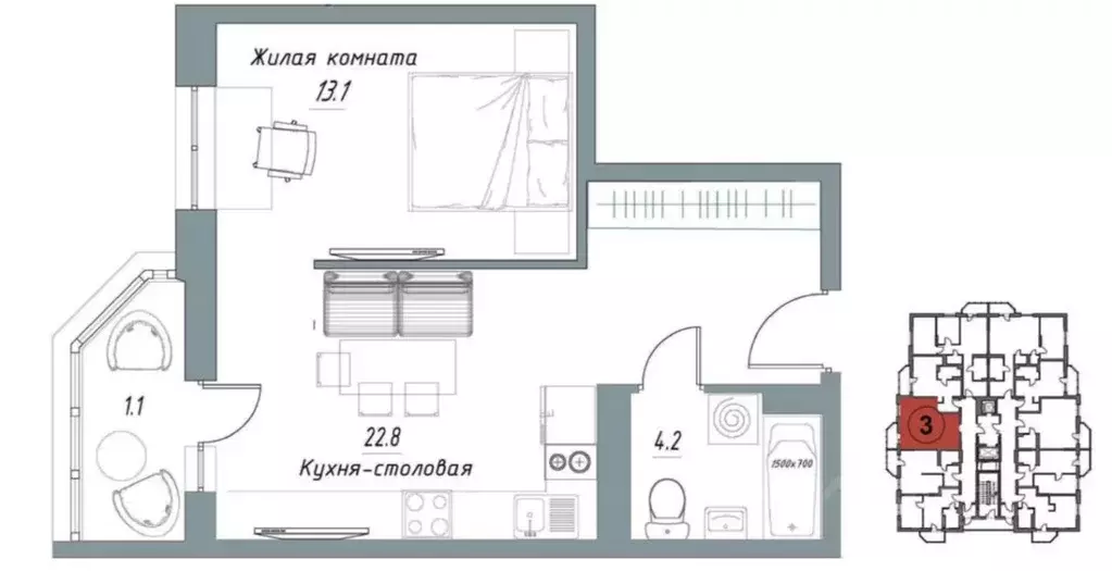 Студия Тамбовская область, Тамбов Свободная ул., 4к4 (41.0 м) - Фото 2