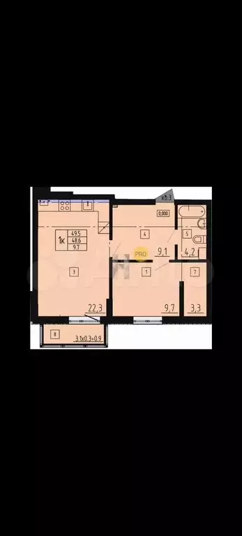1-к. квартира, 49,5 м, 1/8 эт. - Фото 1
