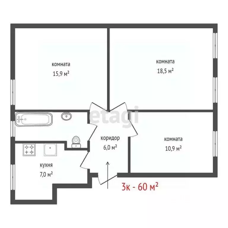 3-к кв. Свердловская область, Екатеринбург просп. Ленина, 54к5 (60.0 ... - Фото 2