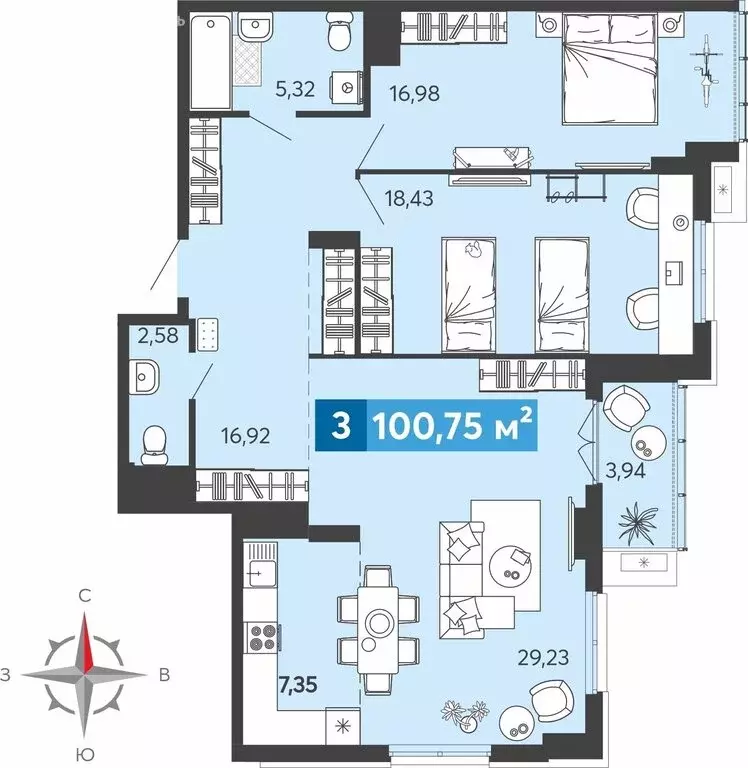 3-комнатная квартира: Засечное, Прибрежный бульвар, 5 (100.75 м) - Фото 1