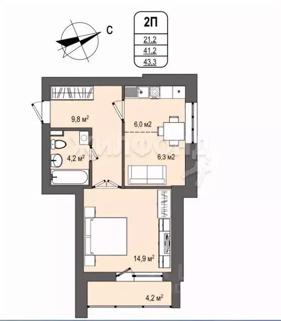 2-к кв. Кемеровская область, Кемерово Космическая ул., 2Б (43.4 м) - Фото 1