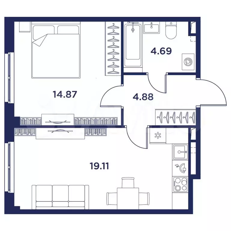 1-к. квартира, 43,6 м, 1/5 эт. - Фото 0