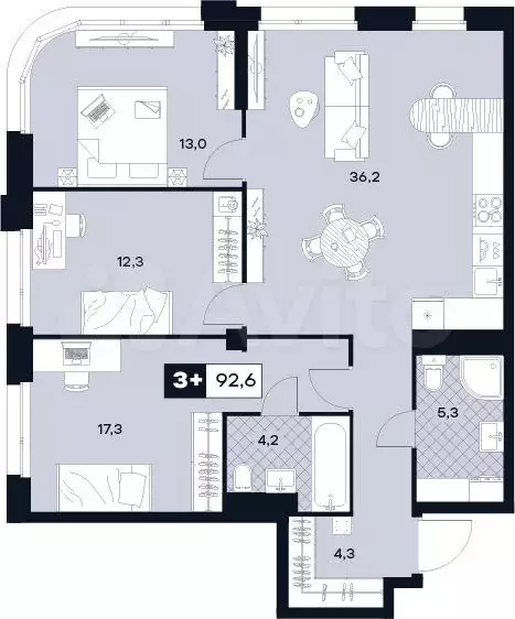 3-к. квартира, 92,6 м, 18/29 эт. - Фото 0