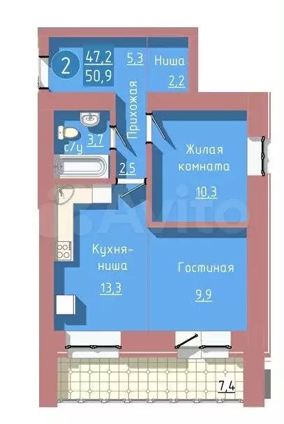 2-к. квартира, 50,9 м, 10/12 эт. - Фото 0