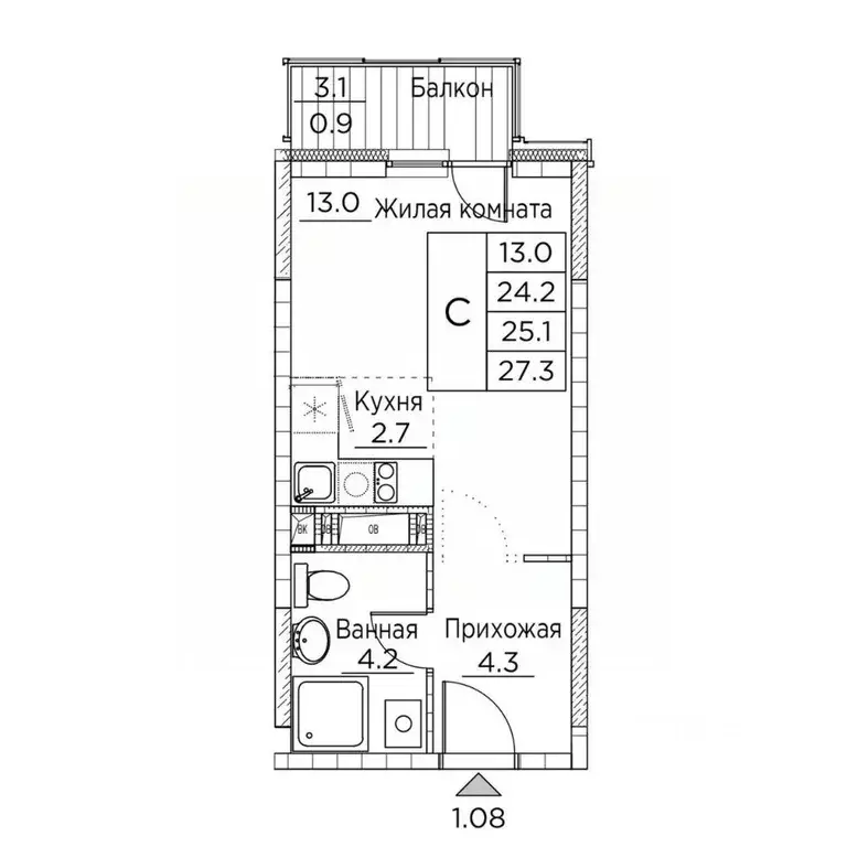 1-к кв. Приморский край, Владивосток ул. Расула Гамзатова, 7к2 (27.3 ... - Фото 1