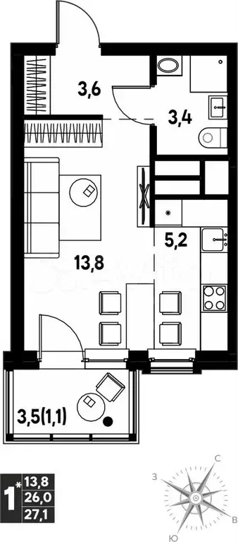 Квартира-студия, 27,1 м, 9/16 эт. - Фото 0