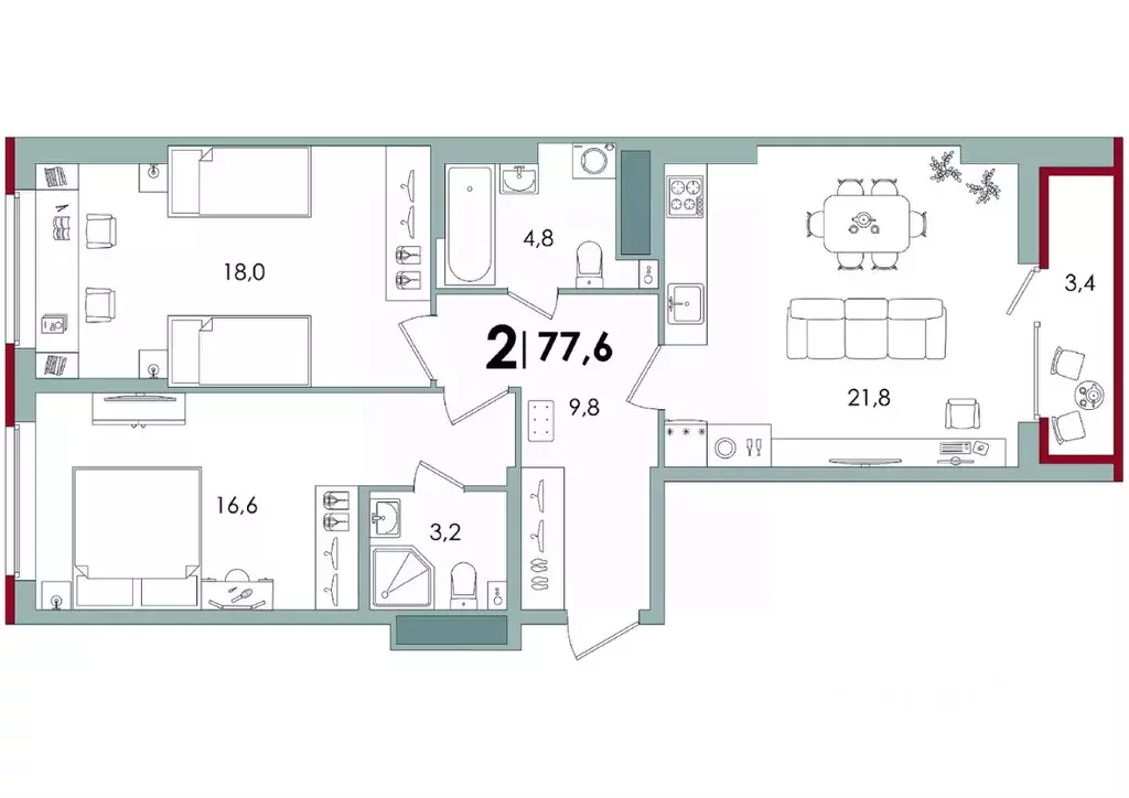 2-к кв. Тверская область, Тверь Южный мкр,  (77.6 м) - Фото 0