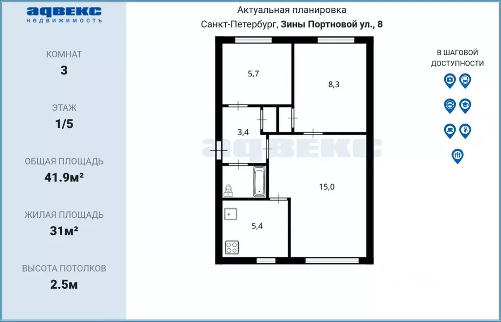 3-к кв. Санкт-Петербург ул. Зины Портновой, 8 (41.9 м) - Фото 2