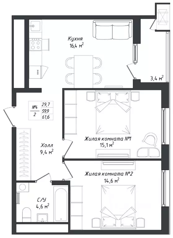2-к кв. Калужская область, Калуга Комфорт Парк жилой комплекс (61.9 м) - Фото 2