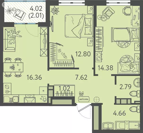 2-комнатная квартира: Краснодар, улица имени Б.С. Кудухова, 1 (60.6 м) - Фото 1