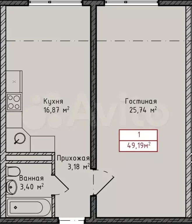 1-к. квартира, 49,2 м, 3/8 эт. - Фото 1