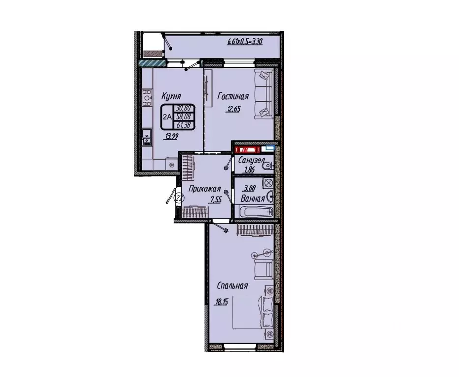 2-к кв. Краснодарский край, Краснодар 9-й километр мкр,  (61.38 м) - Фото 1