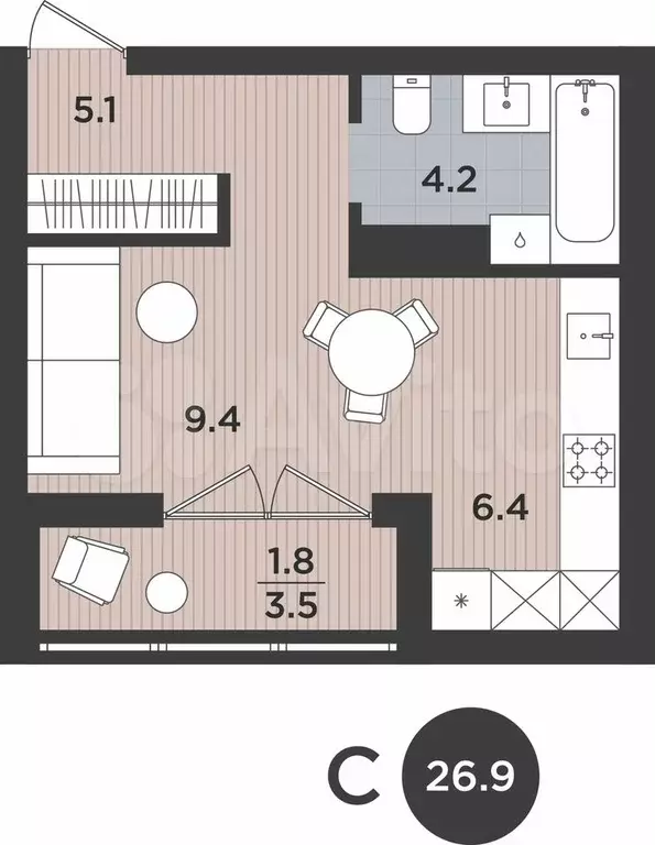 1-к. квартира, 26,9 м, 2/9 эт. - Фото 1