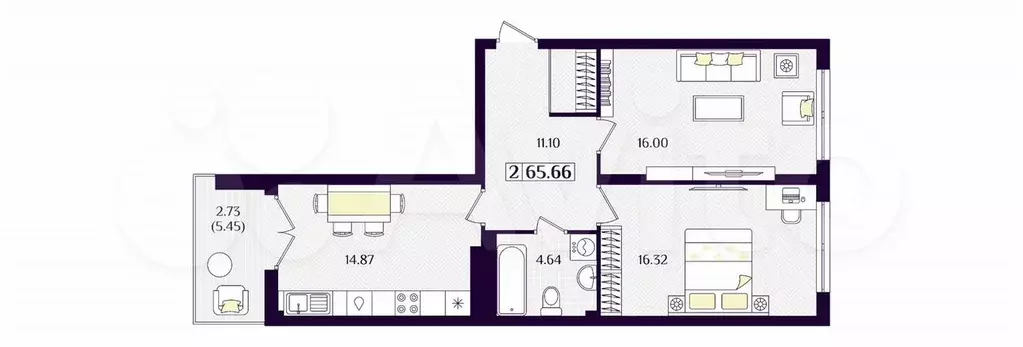 2-к. квартира, 65,7 м, 5/7 эт. - Фото 1