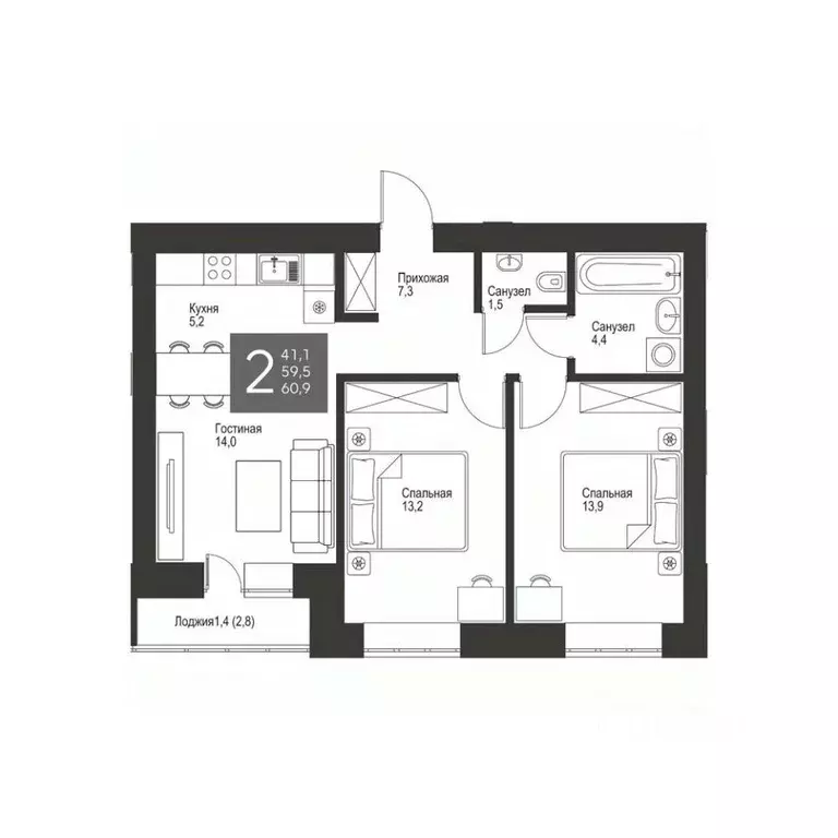 2-к кв. Татарстан, Альметьевск ул. Гафиатуллина, 60 (60.9 м) - Фото 0