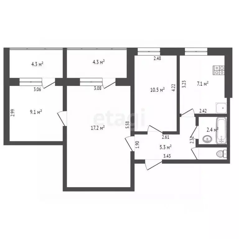 3-к кв. Ростовская область, Ростов-на-Дону просп. Королева, 1/1 (57.2 ... - Фото 2