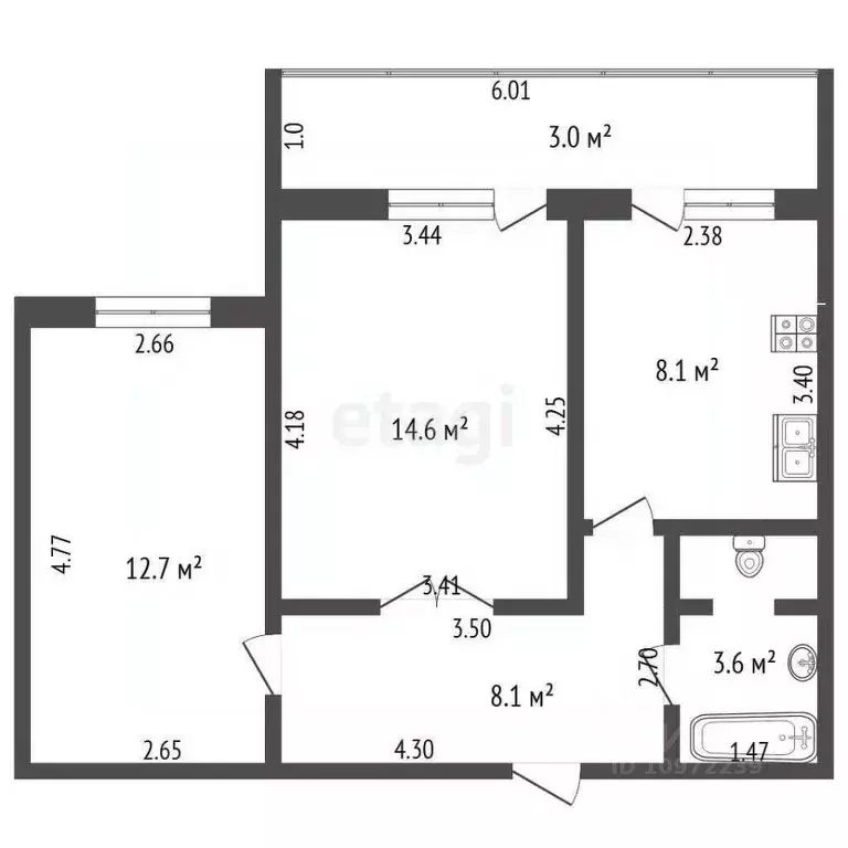 2-к кв. Башкортостан, Стерлитамак ул. Артема, 23 (50.1 м) - Фото 2