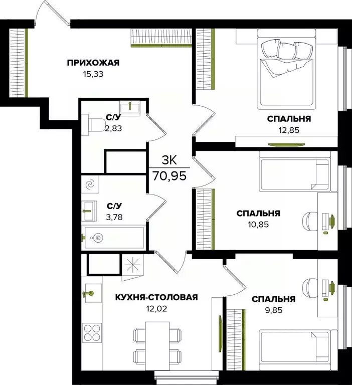 3-к кв. Тульская область, Тула ул. Академика Насоновой (70.95 м) - Фото 1