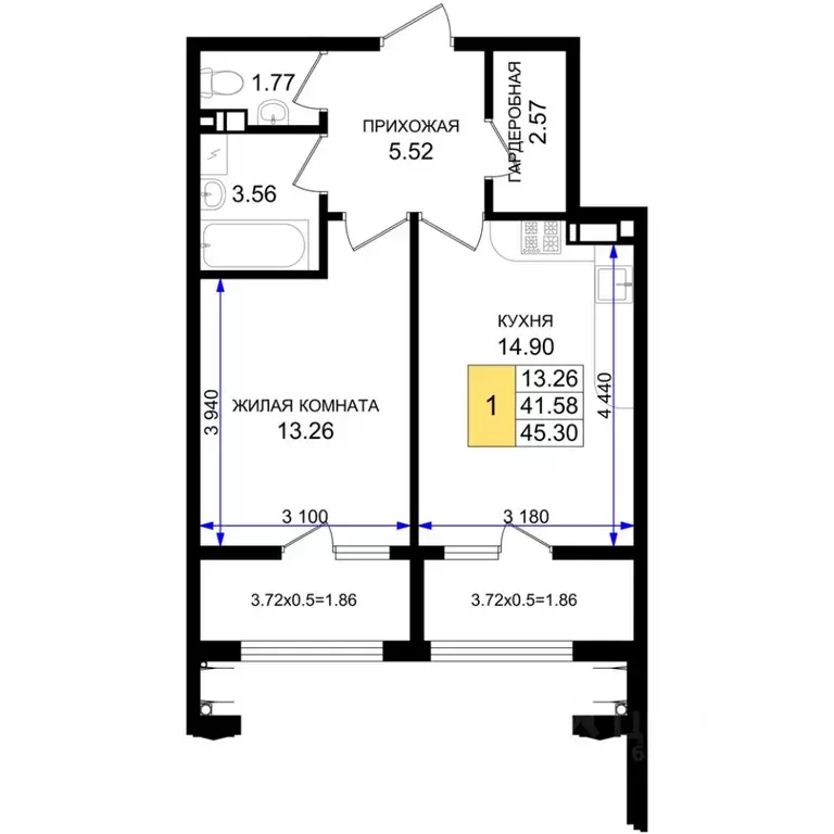 1-к кв. Краснодарский край, Новороссийск ул. Григория Белькинда (45.3 ... - Фото 1