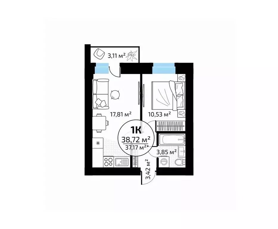 1-к кв. Самарская область, Самара пос. Мехзавод, 1-й кв-л, 50 (38.72 ... - Фото 1