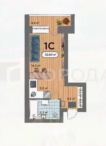 Студия Новосибирская область, Новосибирск Воинская ул., 69 (32.6 м) - Фото 2