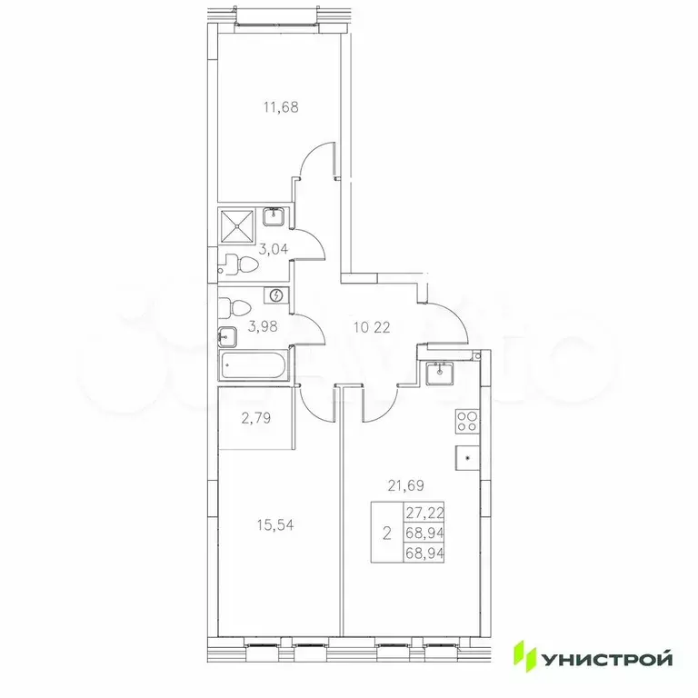 2-к. квартира, 68,9 м, 2/8 эт. - Фото 0