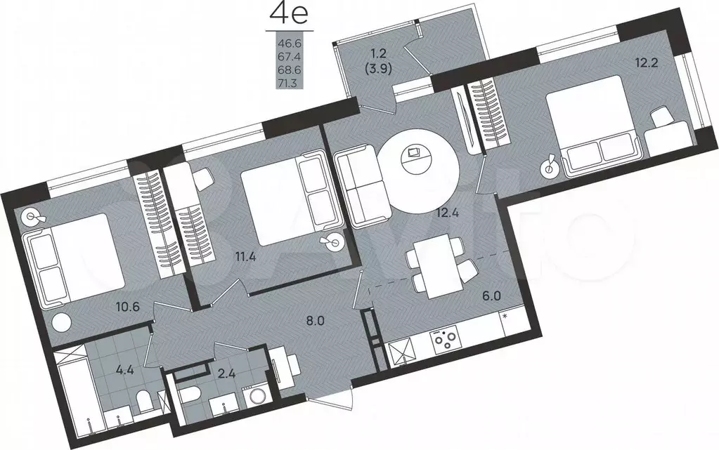 4-к. квартира, 68,6 м, 8/8 эт. - Фото 0
