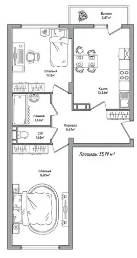 Продаётся 2-к квартира, 55.79 м - Фото 1