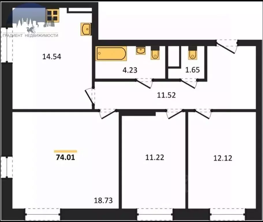 3-к кв. Татарстан, Казань ул. Братьев Батталовых, 20к2 (74.63 м) - Фото 2