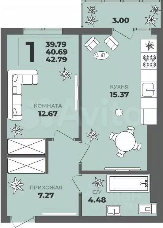 1-к. квартира, 40,7 м, 8/8 эт. - Фото 1