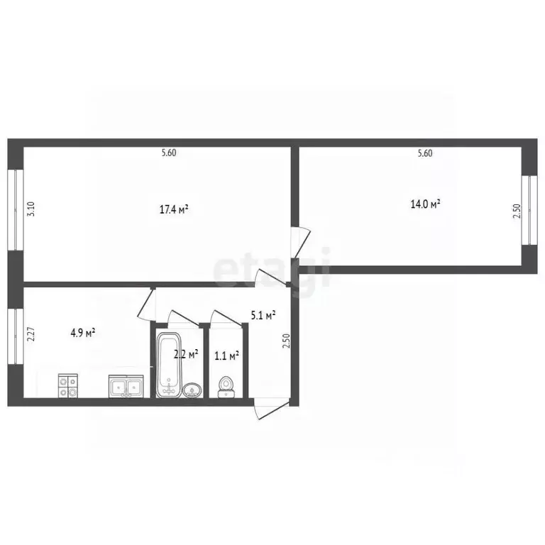 2-к кв. Татарстан, Альметьевск ул. Тельмана, 43 (44.7 м) - Фото 2