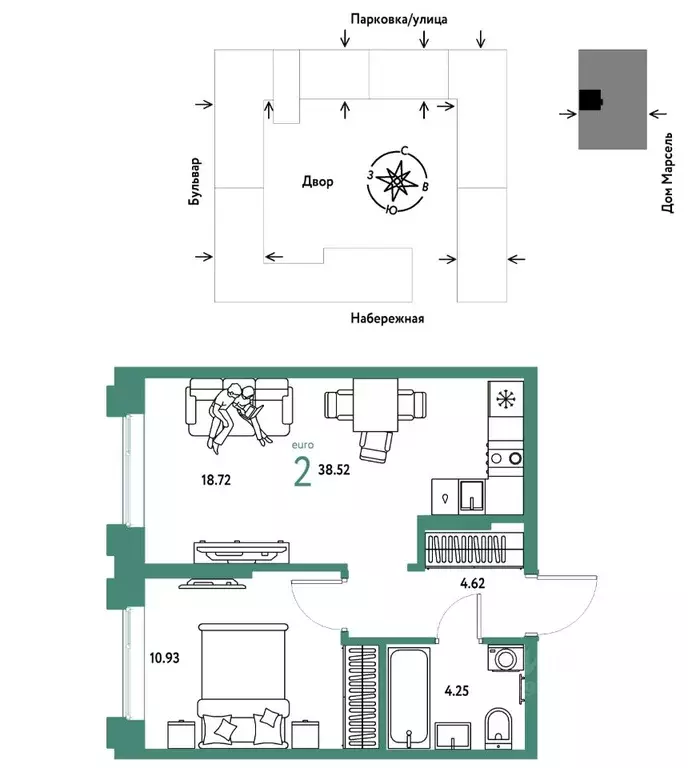 2-к кв. Тюменская область, Тюмень Береговая ул., 100к2 (38.52 м) - Фото 1