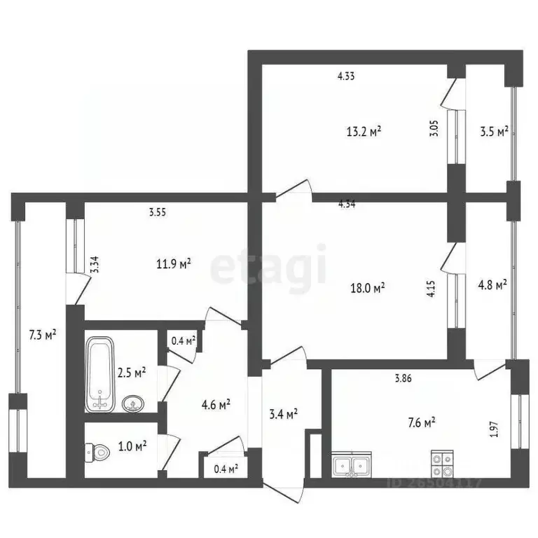 3-к кв. Севастополь ул. Маршала Геловани, 13 (70.8 м) - Фото 2