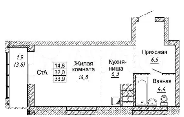 Квартира-студия, 33,9 м, 5/30 эт. - Фото 0