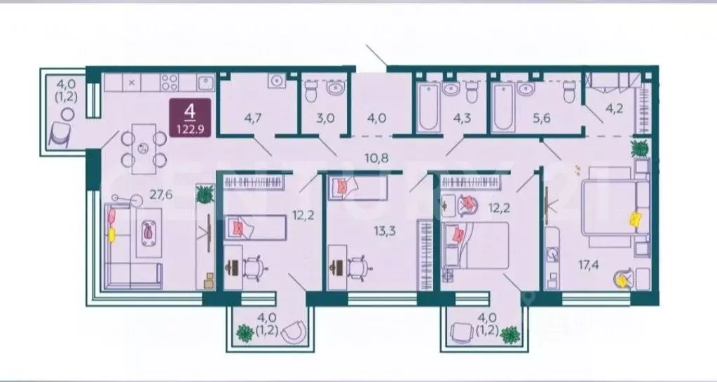 4-к кв. Москва наб. Марка Шагала, 11к3 (122.9 м) - Фото 2