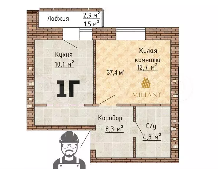 1-к. квартира, 37,8 м, 8/8 эт. - Фото 0