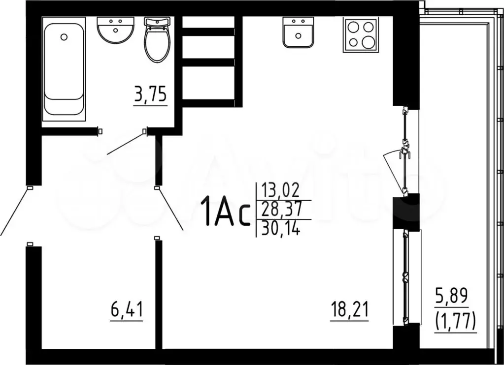 1-к. квартира, 30,1 м, 8/23 эт. - Фото 0