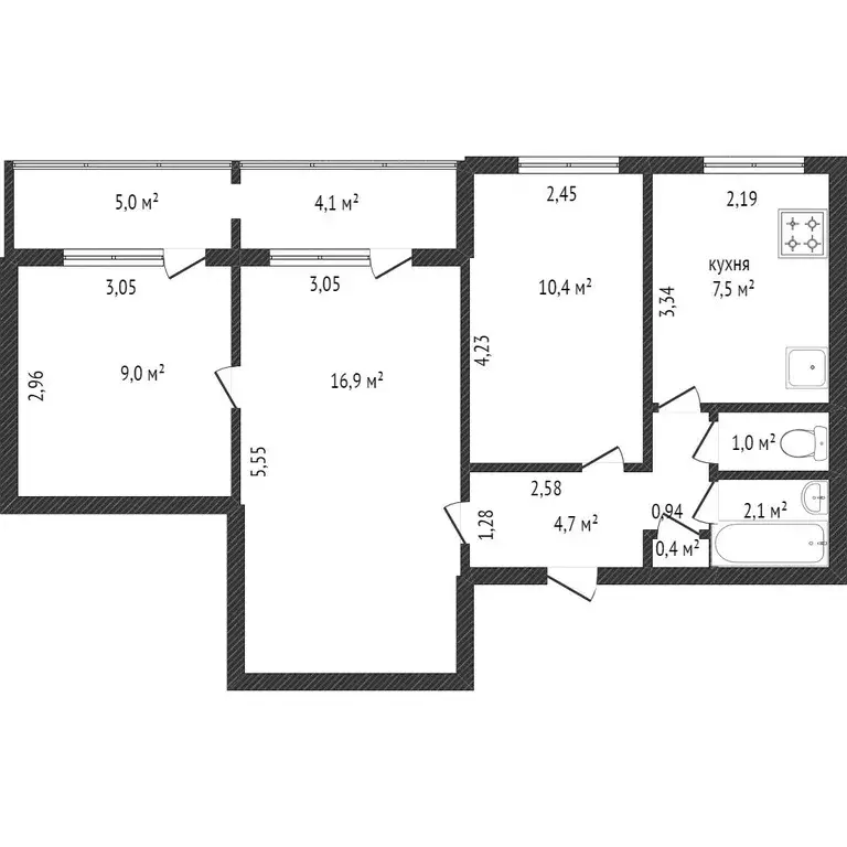Квартира, 3 комнаты, 52.6 м - Фото 0