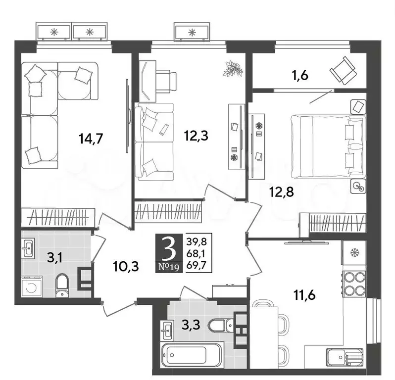 3-к. квартира, 69,7 м, 5/9 эт. - Фото 1