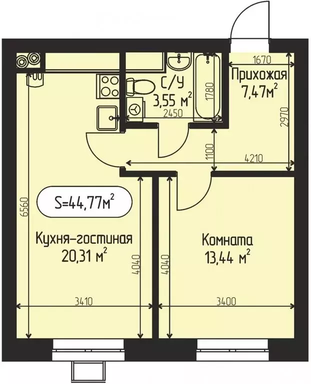 1-комнатная квартира: село Озерецкое, коттеджный посёлок Мечта (44.77 ... - Фото 0